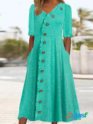Solid Color Casual Buttons Short Sleeves V Neck Midi Dress