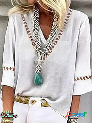 Solid Cut Out Lace V-neck Linen Blend Half Sleeve Blouses