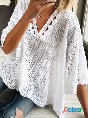 Solid Loose V-neck Short Sleeve Lace Blouses