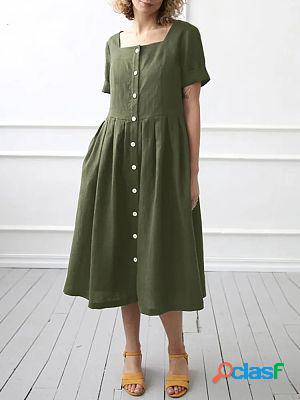 Square Neck Casual Loose Solid Color Button Short Sleeve