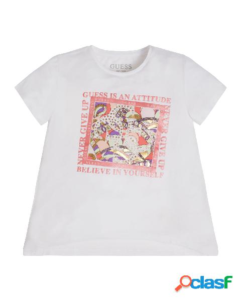 T-shirt bianca in viscosa con riquadro a stampa geometrica e