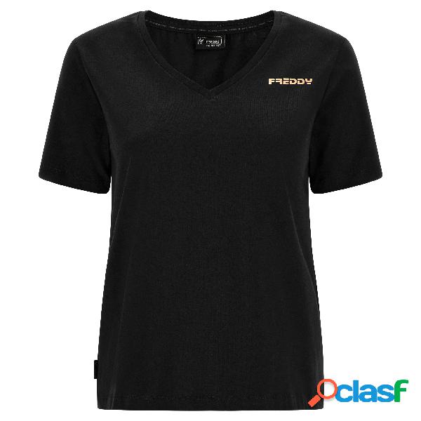 T-shirt elasticizzata con scollo a V e logo Freddy rame