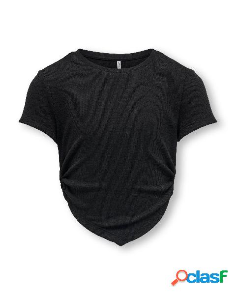 T-shirt nera in misto viscosa stretch a costine con orlo a