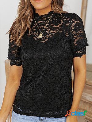 Temperament Solid Color Lace Stand Collar Lace Short-sleeved