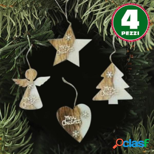 Trade Shop - 4 Appendini Natale In Legno Ovatta Forma Stella