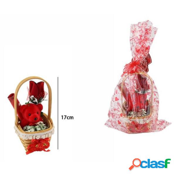 Trade Shop - Cesta Con Peluche Orsetto Rosso Idea Regalo San