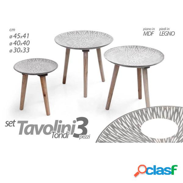 Trade Shop - Set 3 Tavolini Tavolo Mdf Piedi Legno Salotto