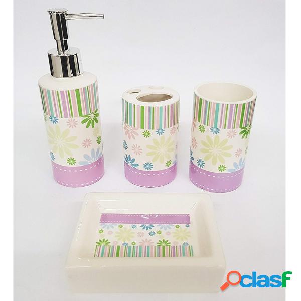 Trade Shop - Set 4pz Bagno Strisce Lilla Floreale Ceramica