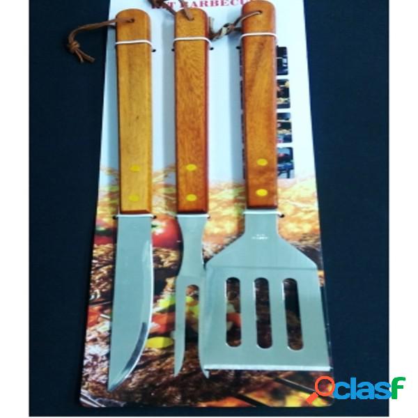 Trade Shop - Set Per Barbecue Grill In Acciaio Manico Legno