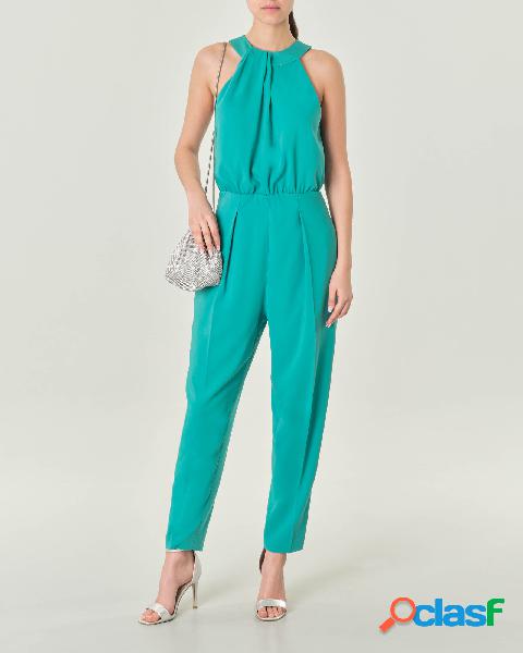 Tuta verde smeralndo in crepe senza maniche con scollo