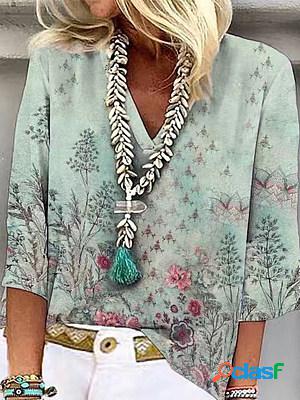 V Neck Half Sleeve Printed Loose Blouses