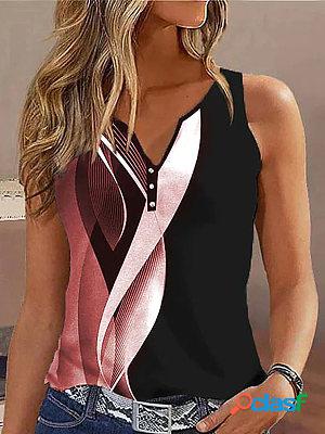 V-neck Button Abstract Printed Sleeveless Vest