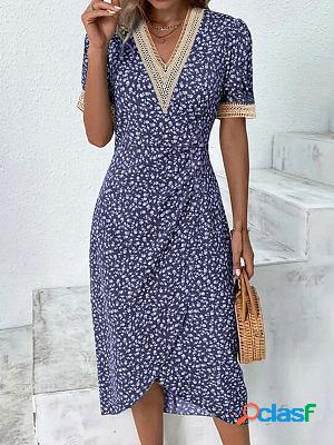V-neck Casual Floral Print Lace Panel Short Sleeve Midi