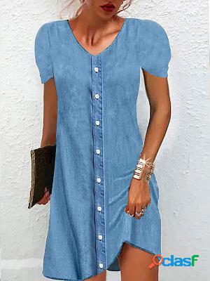 V-neck Casual Loose Denim Single-breasted Short-sleeved