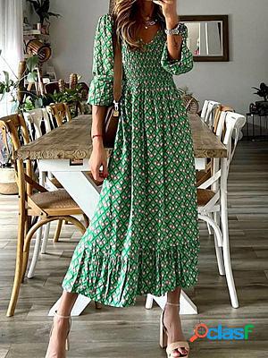 V-neck Casual Loose Ethnic Geometric Print Long Sleeve Maxi