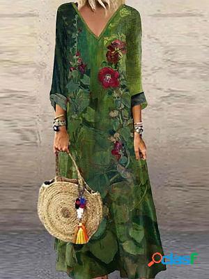 V-neck Casual Loose Floral Print Long Sleeve Maxi Dress