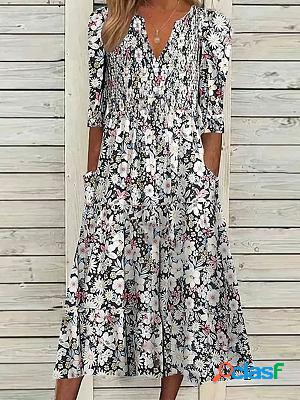 V-neck Casual Loose Floral Print Short Sleeve Midi Dress