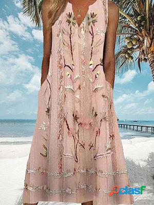 V-neck Casual Loose Floral Print Vacation Sleeveless Midi