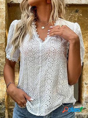 V-neck Casual Loose Lace Hollow Short-sleeved Blouse