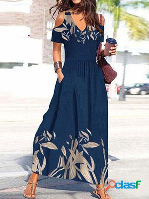 V-neck Casual Loose Leaf Print Short Sleeve Maxi Dress