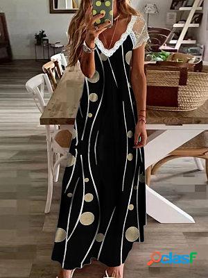 V-neck Casual Loose Printed Vacation Short Sleeve Lace Maxi