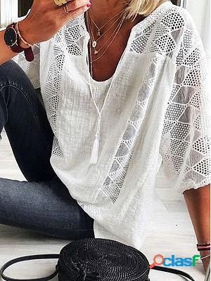 V-neck Casual Loose Solid Color Hollow Short-sleeved Blouse