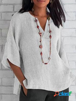 V-neck Casual Loose Solid Color Long Sleeve Blouse