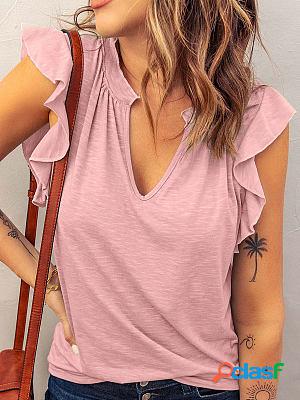 V-neck Casual Loose Solid Color Ruffle Sleeve T-shirt