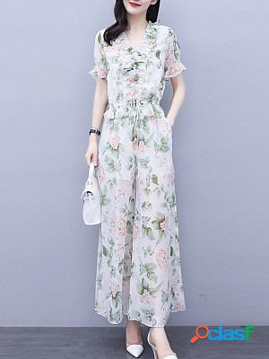 V-neck Chiffon Print Wide-leg Pants Suit