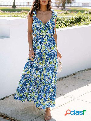 V-neck Floral Print Cutout Resort Sleeveless Maxi Dress