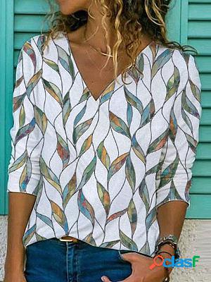 V-neck Leaf Print Loose Long-sleeved T-shirt