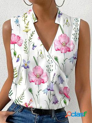 V-neck Loose Casual Floral Print Sleeveless Blouse