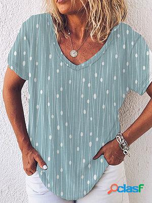 V-neck Loose Casual Polka Dot Print Short-sleeved T-shirt