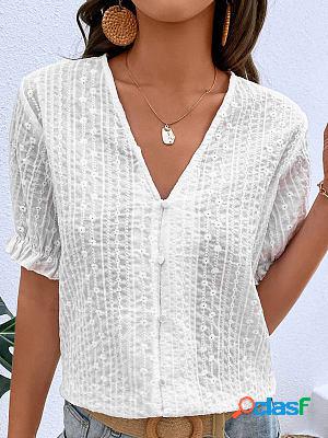 V-neck Loose Solid Color Casual Embroidery Short-sleeved