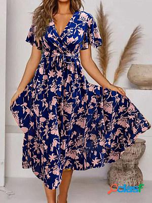 V-neck Short Sleeve Printed Midi Dress