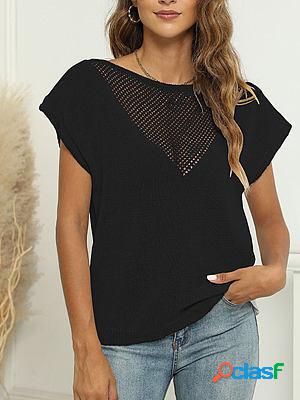 V-shaped See-through Hollow Solid Color Short-sleeved