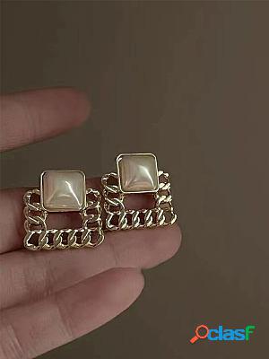 Vintage Braided Metal Pearl Square Earrings