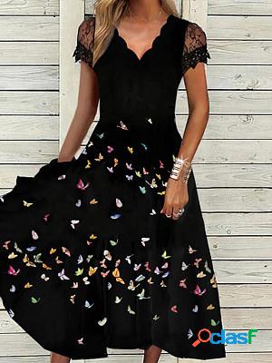 Vintage Butterfly Print Short Sleeves V Neck Midi Dress