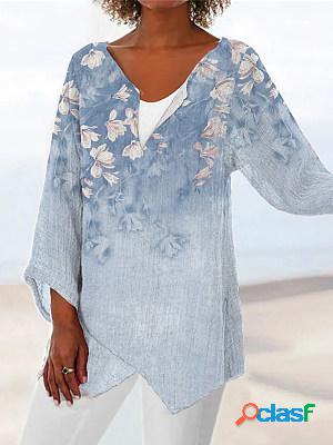 Vintage Floral Print V Neck Long Sleeves Blouse