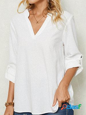 White Cotton Linen V-neck Long Sleeve Button Blouses