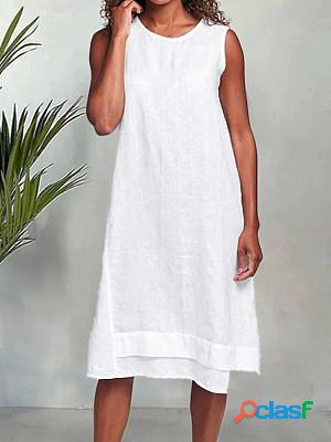 White Linen Blend Sleeveless Round Neck Midi Dress