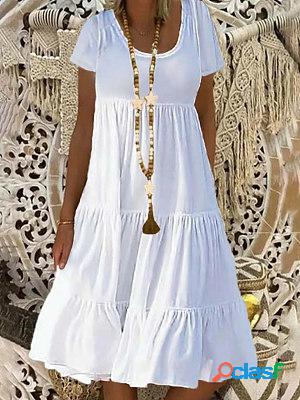 White Round Neck Short Sleeve Knitted Midi Dress