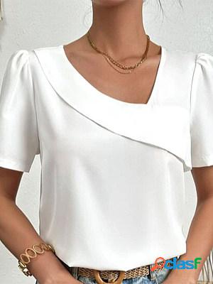 White Solid Short Sleeves V Neck Blouse