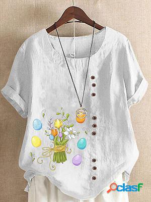 Women Short Sleeves Printed Linen-Blend Round Neck Blouse