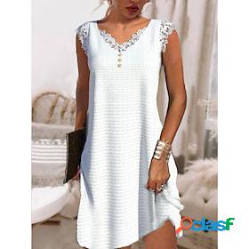 Womens Casual Dress Plain Lace Dress White Dress V Neck Lace