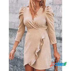 Womens Casual Dress Plain Shift Dress Wrap Dress V Neck