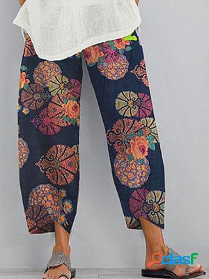 Womens Cotton And Linen Printed Elastic Cropped Pants