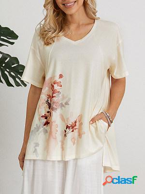 Womens Floral Print Round Neck Short-sleeved T-shirt