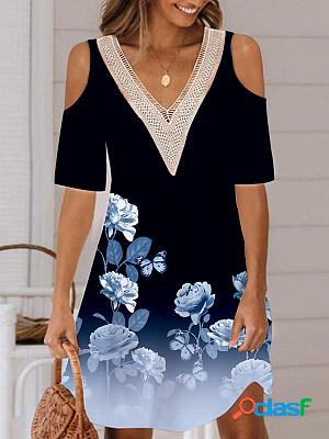 Womens Printed Off Shoulder V-neck Short Dress