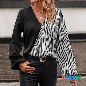 Womens Shirt Blouse Black Print Color Block Casual Long
